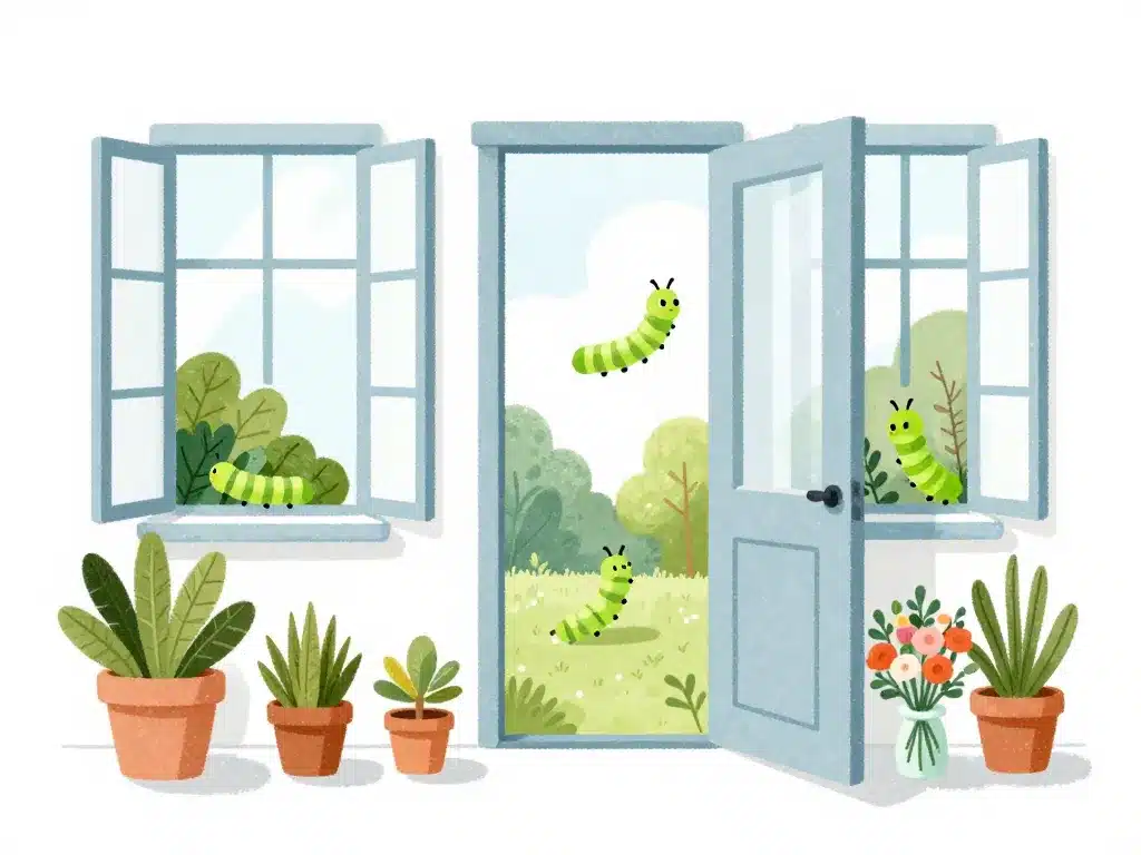 chenille dans la maison porte fenêtre plante ouverte