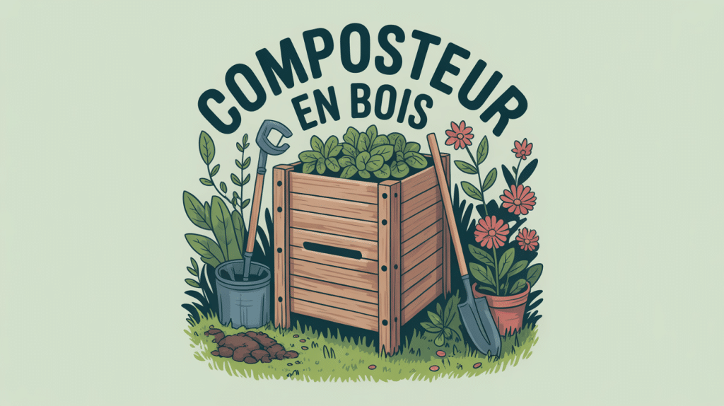 Composteur en bois au centre d'un jardin verdoyant