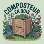 Composteur en bois au centre d'un jardin verdoyant