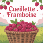 cueillette framboise panier débordant dans jardin estival