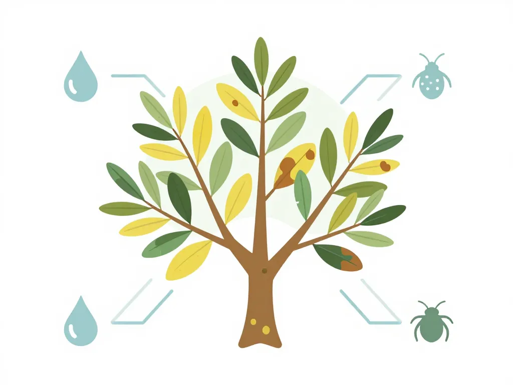 concept diagram feuille jaune olivier, symptômes et causes autour de l’arbre