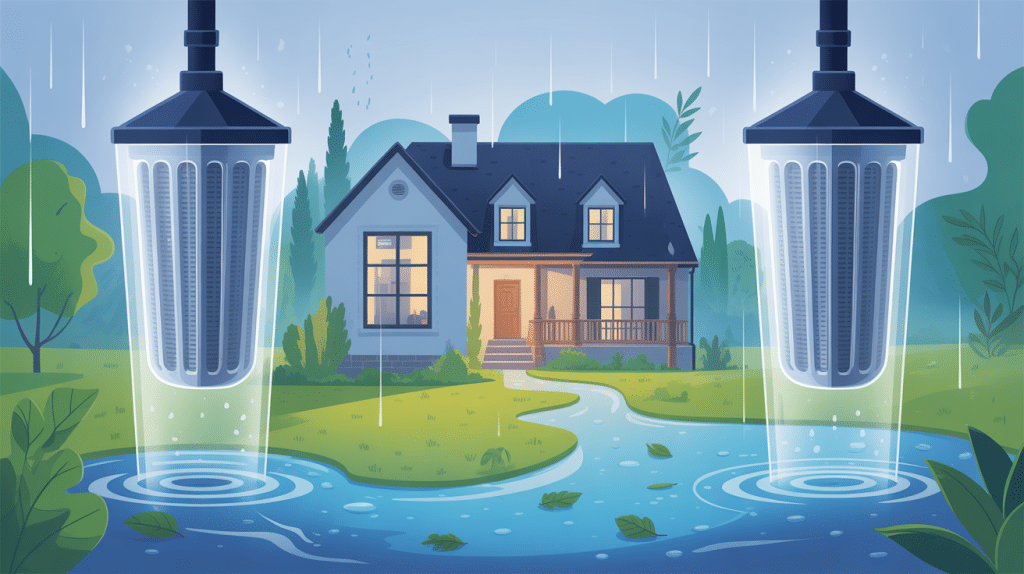 Illustration d’un filtre pour gouttière protégeant une maison sous la pluie