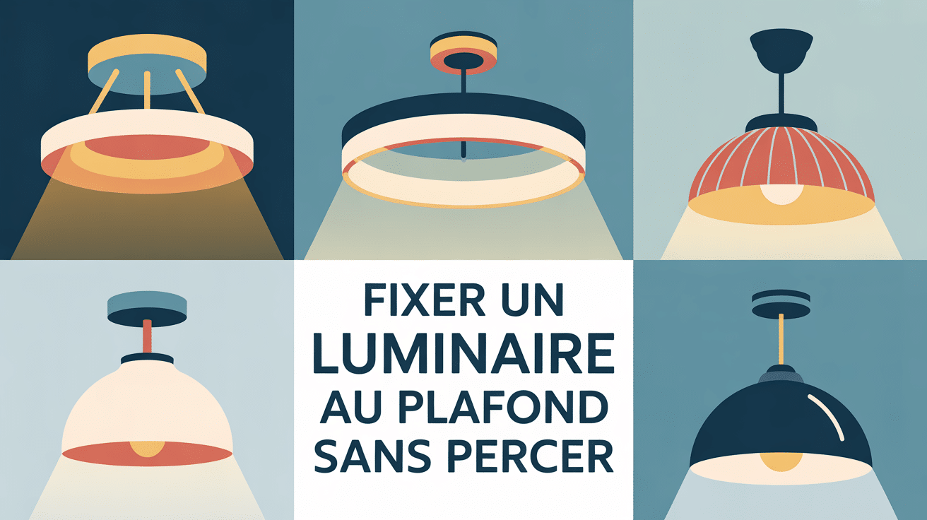 illustration fixer luminaire plafond sans percer, options adhésives et crochets