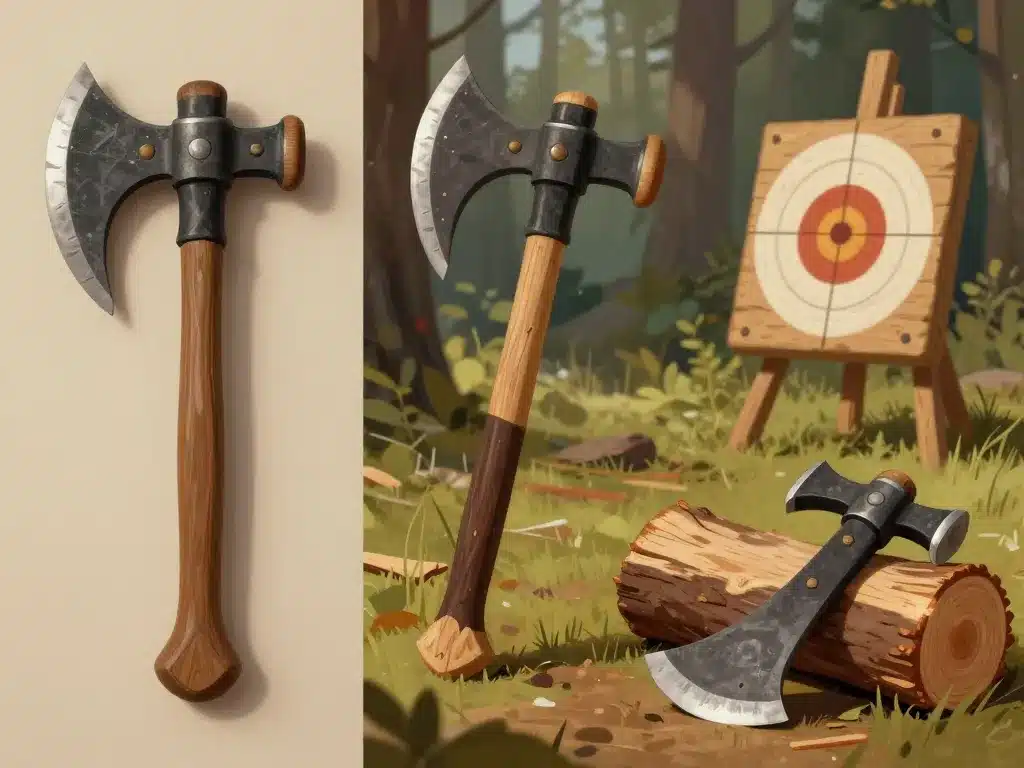 scène avec trois hachettes vikings selon usages : déco, lancer, bushcraft