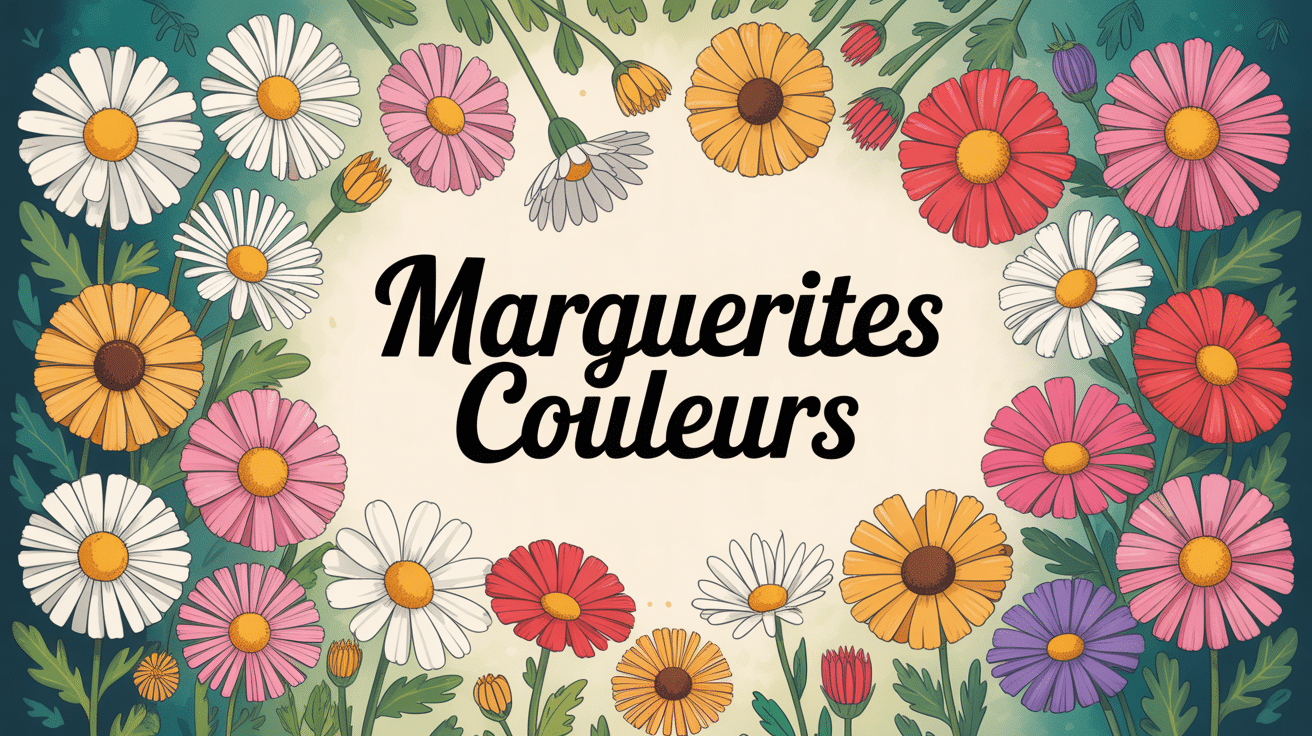 Marguerite couleurs variétés illustrées dans jardin verdure