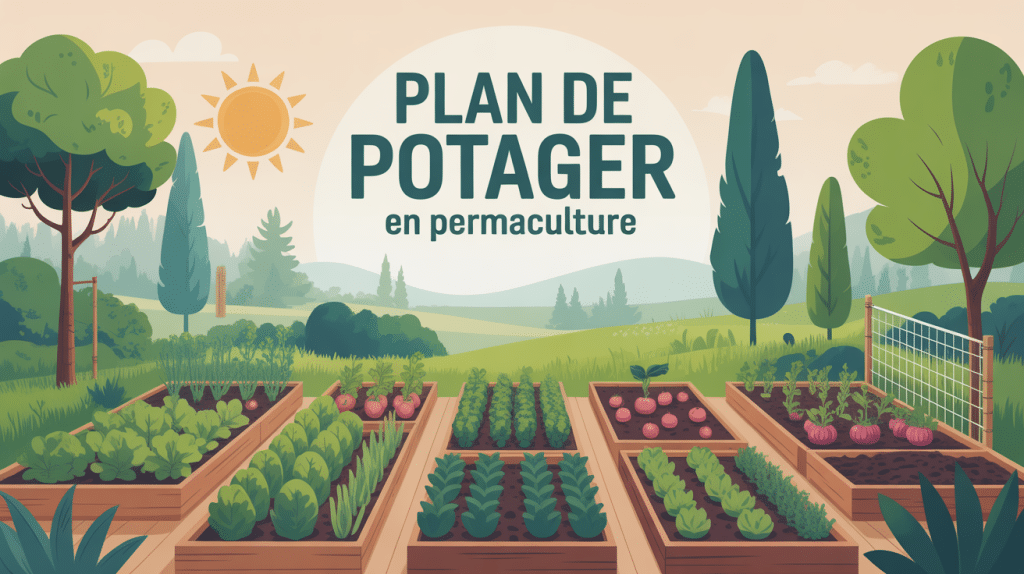 illustration plan de potager permaculture zones légumes arbres mare compost