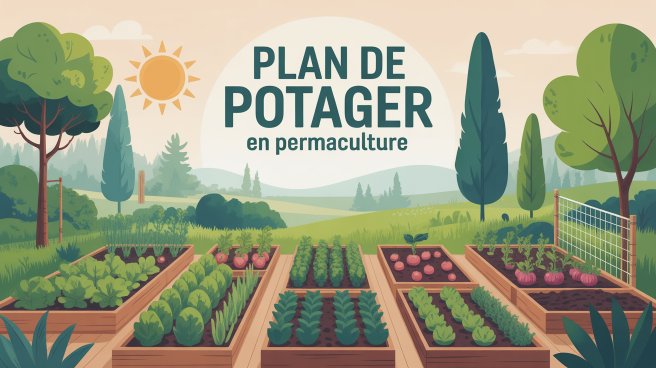 illustration plan de potager permaculture zones légumes arbres mare compost