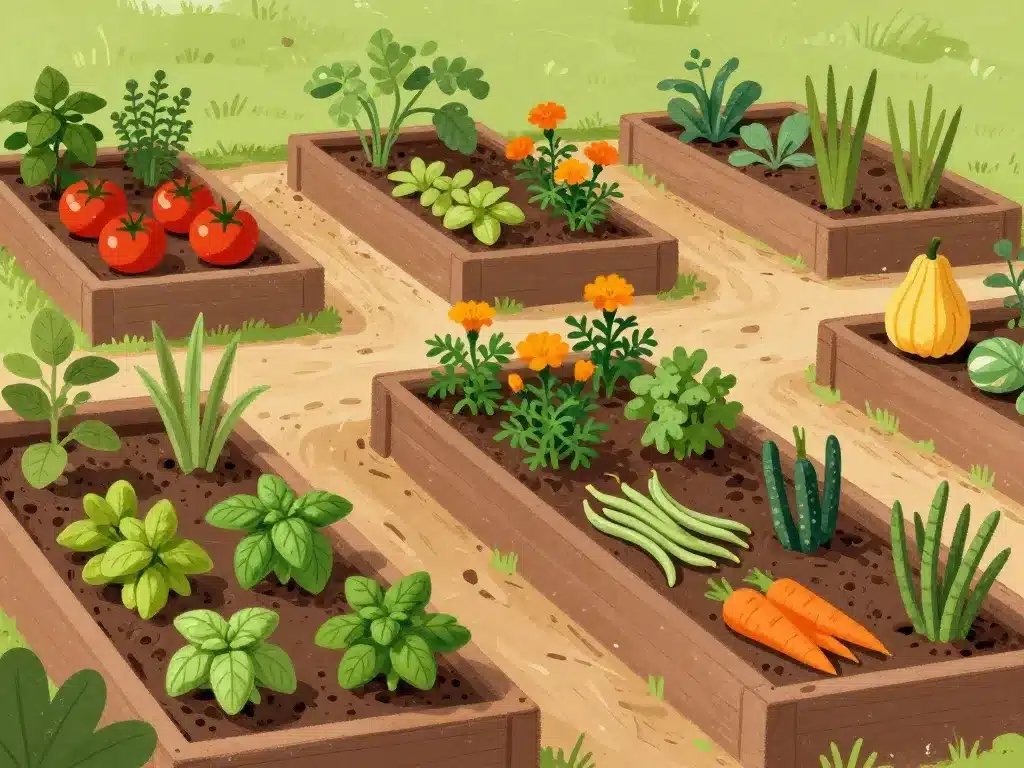 illustration plan de potager permaculture planches associations légumes rotation