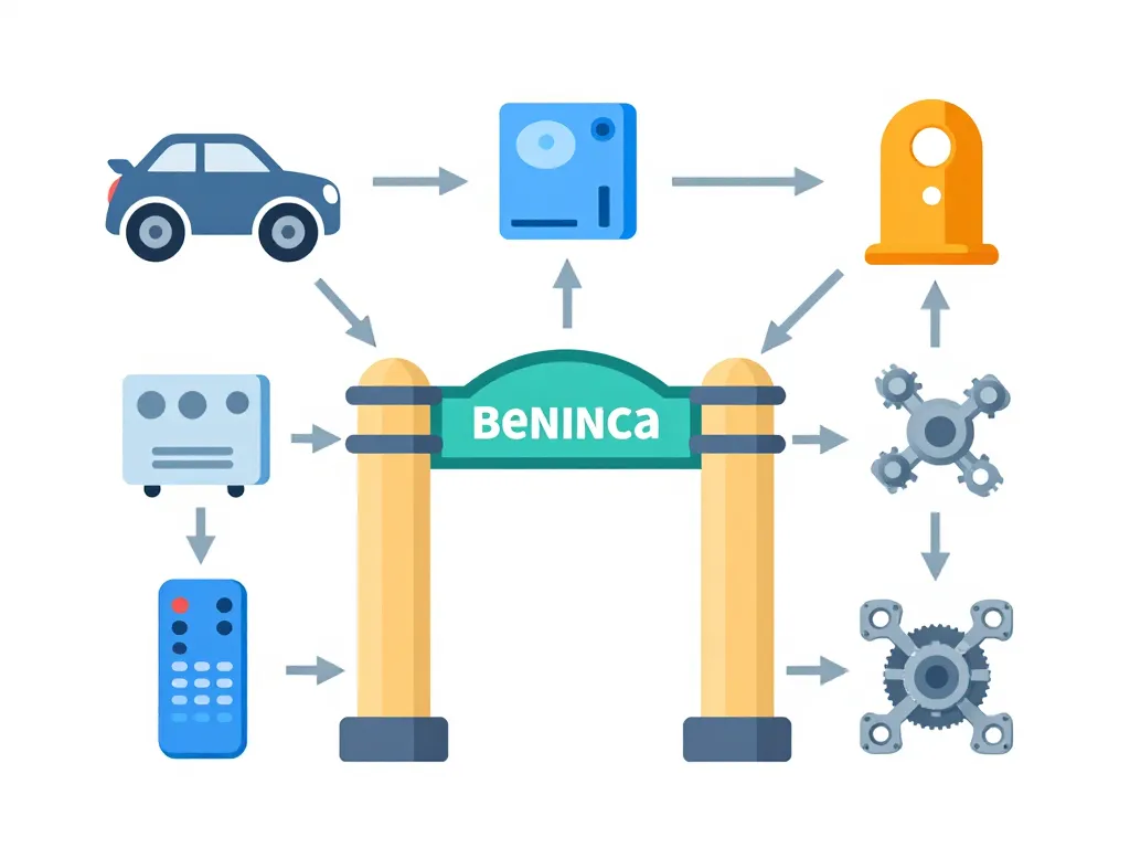 Diagramme conceptuel sur problème ouverture portail beninca, éléments moteur, alimentation, télécommande