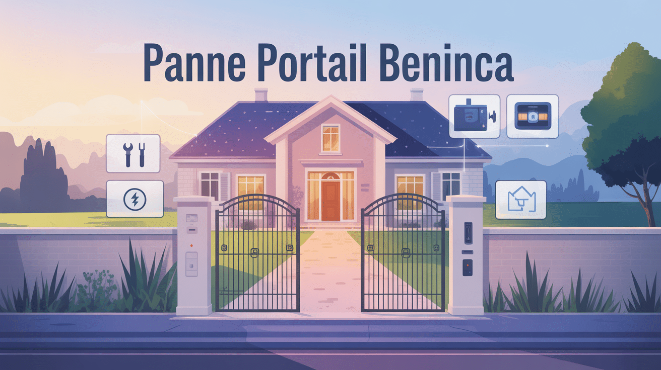 Illustration vecteur avec portail Beninca, outils diagnostic, texte problème ouverture portail beninca