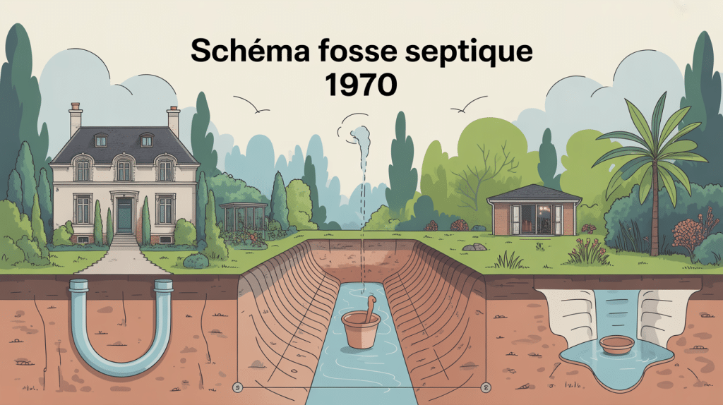 Schéma fosse septique 1970 avec maison, fosse, canalisation et épandage