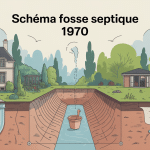 Schéma fosse septique 1970 avec maison, fosse, canalisation et épandage