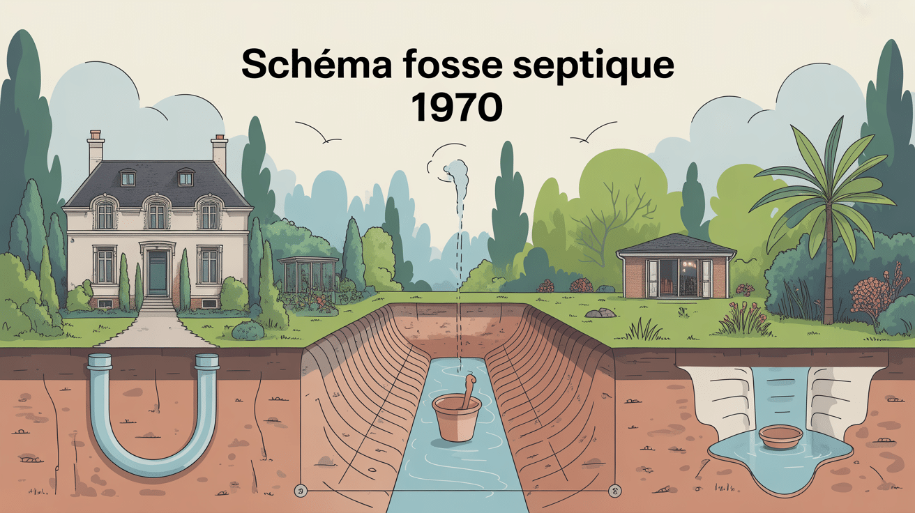 Schéma fosse septique 1970 avec maison, fosse, canalisation et épandage
