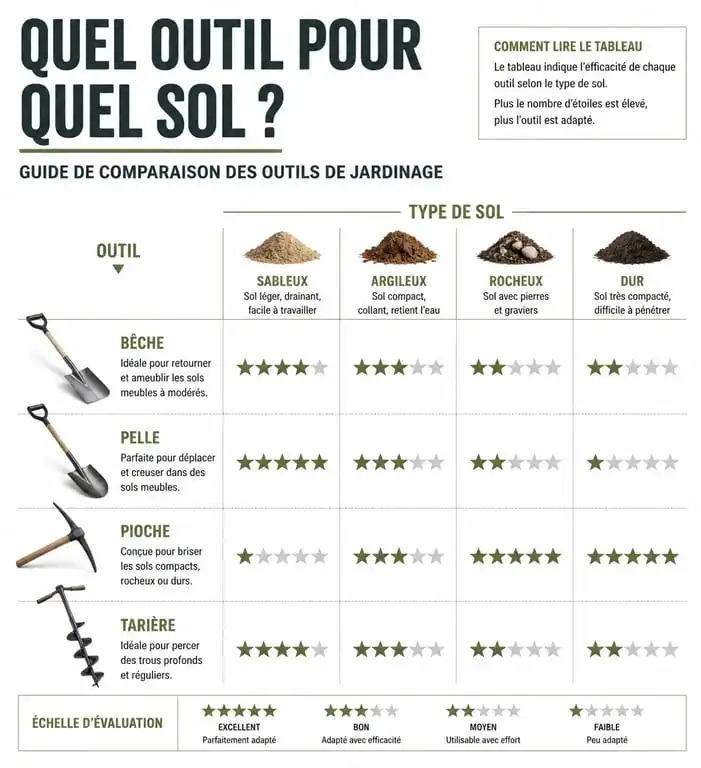 Infographie comparative des outils pour creuser la terre selon le type de sol