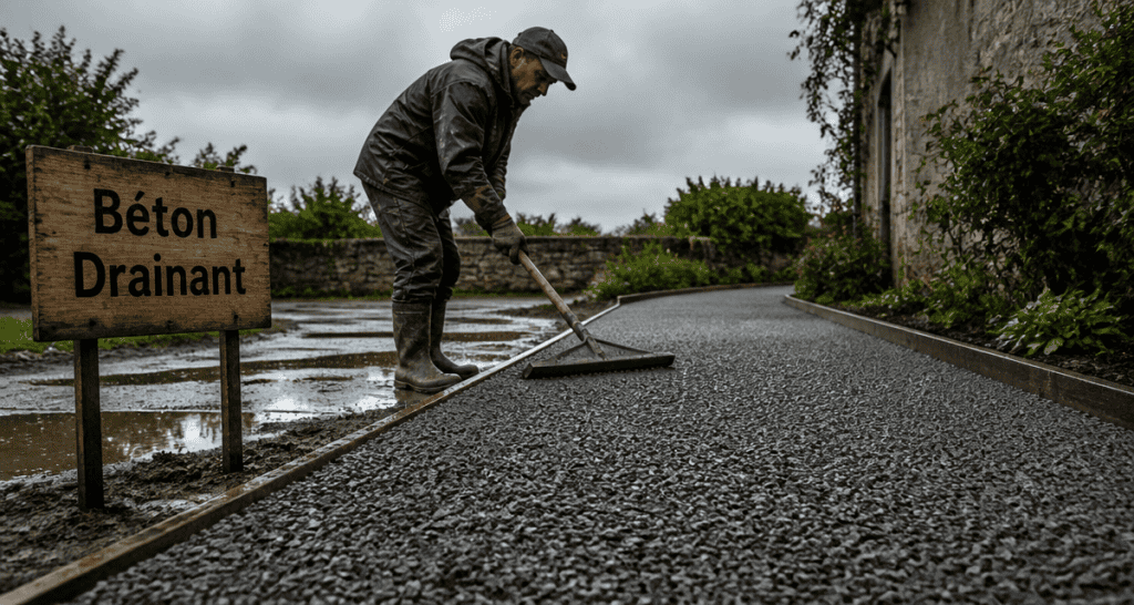 Ouvrier posant du béton drainant sur allée après la pluie