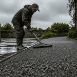 Ouvrier posant du béton drainant sur allée après la pluie