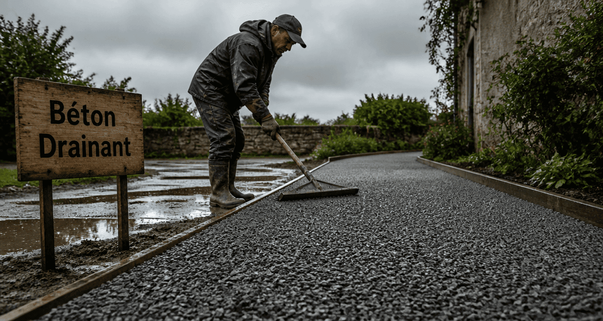 Ouvrier posant du béton drainant sur allée après la pluie
