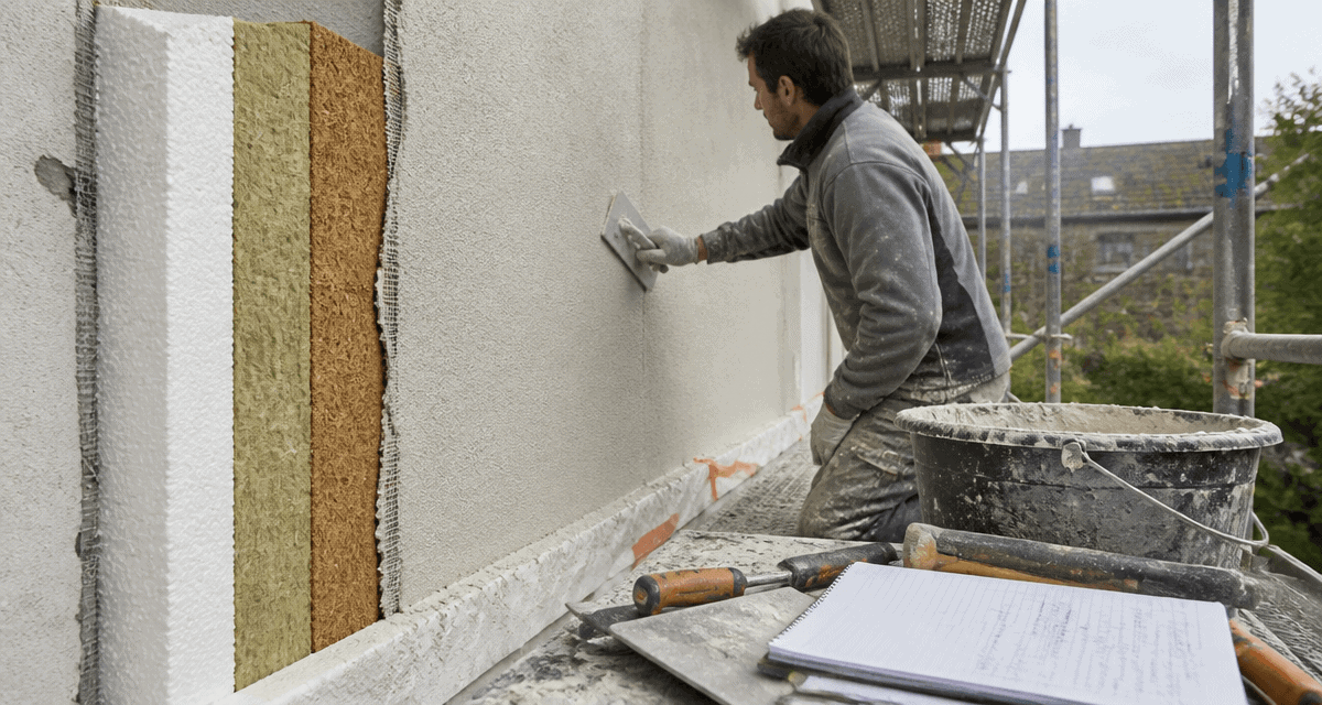 Ouvrier applique crepi isolant sur mur exterieur