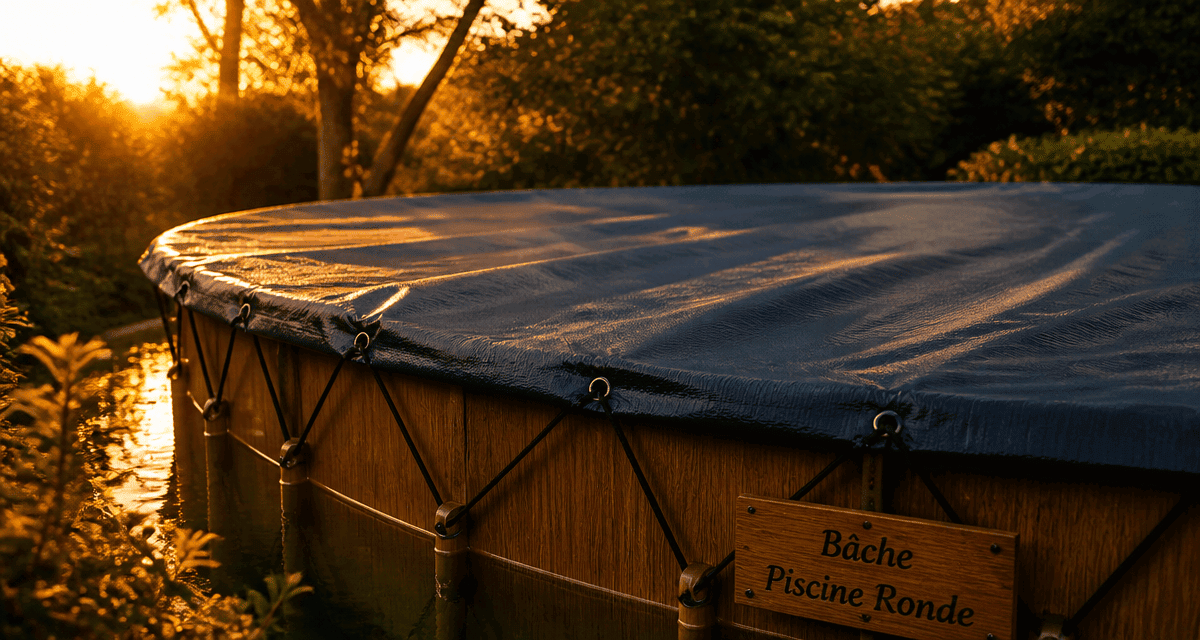 bache piscine ronde sur jardin au coucher du soleil