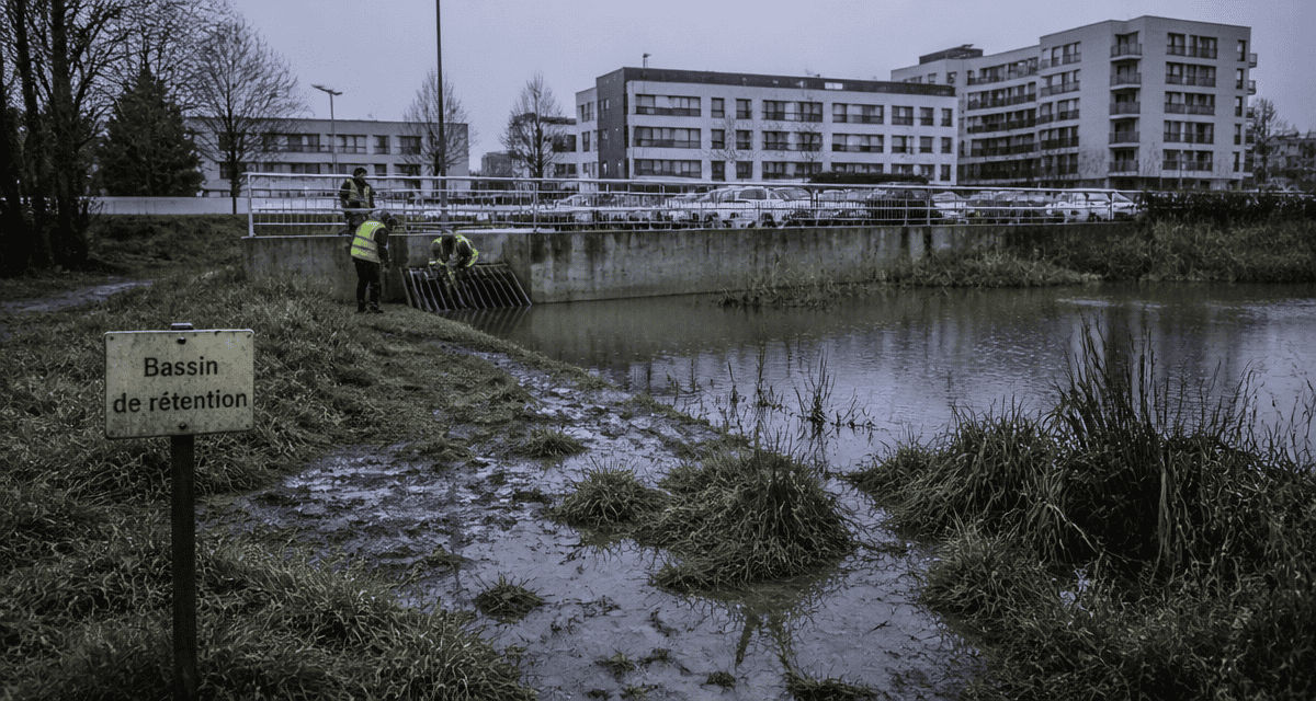 bassin de rétention en ville après forte pluie