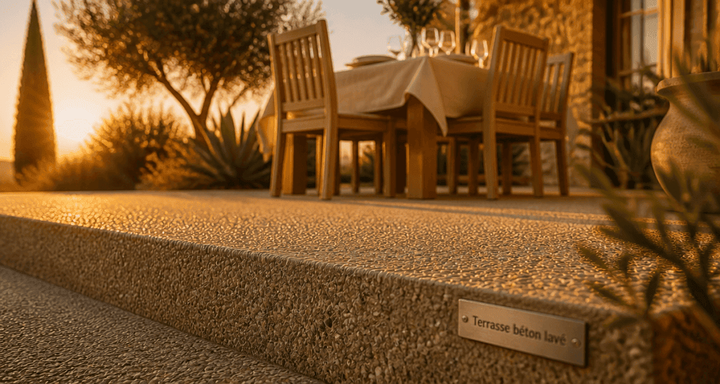 beton lavé terrasse au soleil couchant