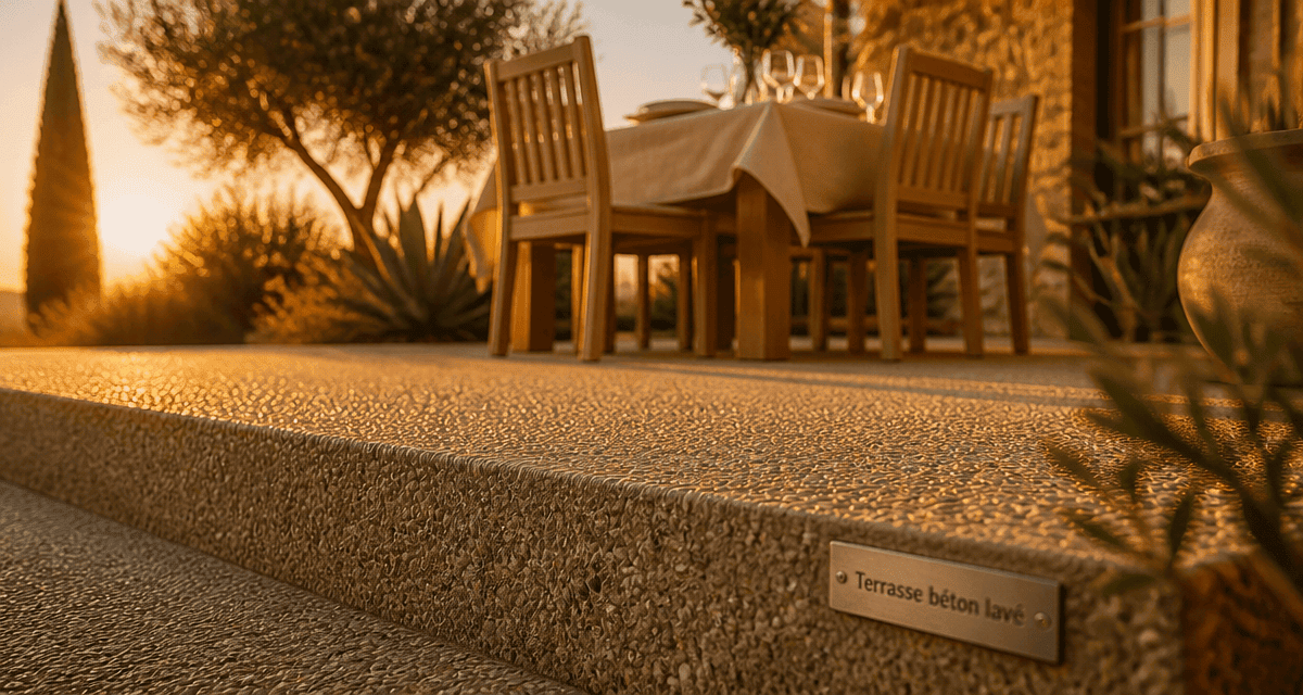 beton lavé terrasse au soleil couchant