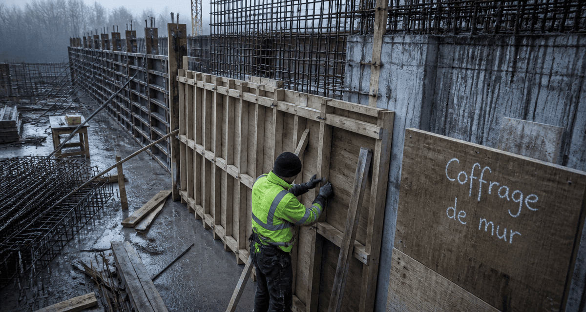 coffrage mur bois et béton sur chantier