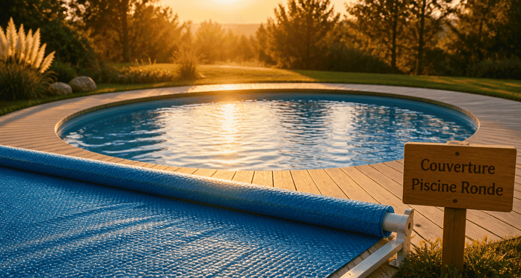 couverture piscine ronde bleue sur terrasse en bois