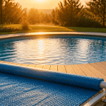 couverture piscine ronde bleue sur terrasse en bois