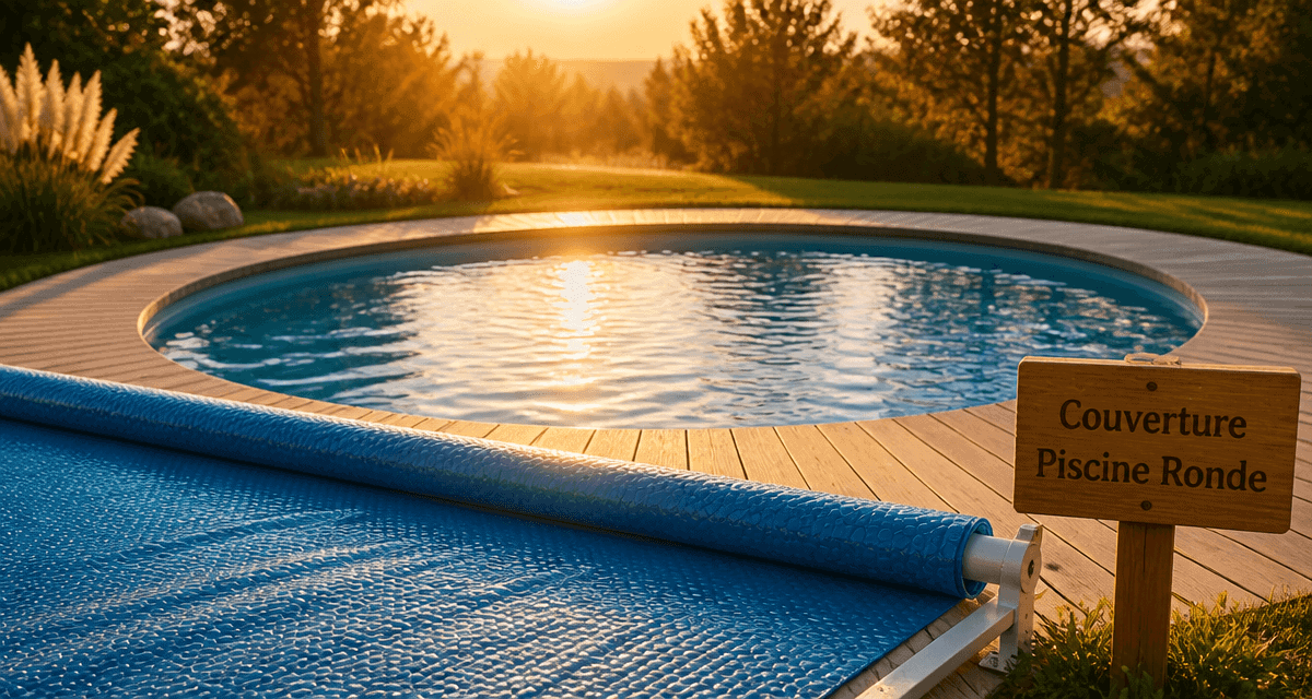 couverture piscine ronde bleue sur terrasse en bois