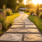 Dalle allee de jardin sur gravier à l’heure dorée