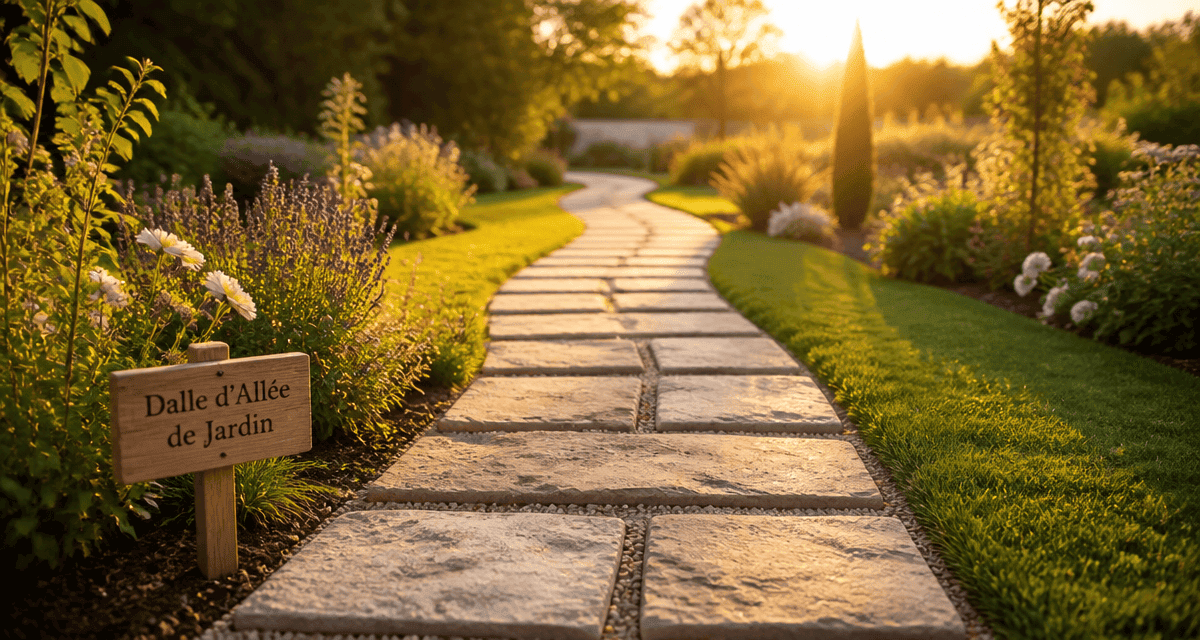 Dalle allee de jardin sur gravier à l’heure dorée