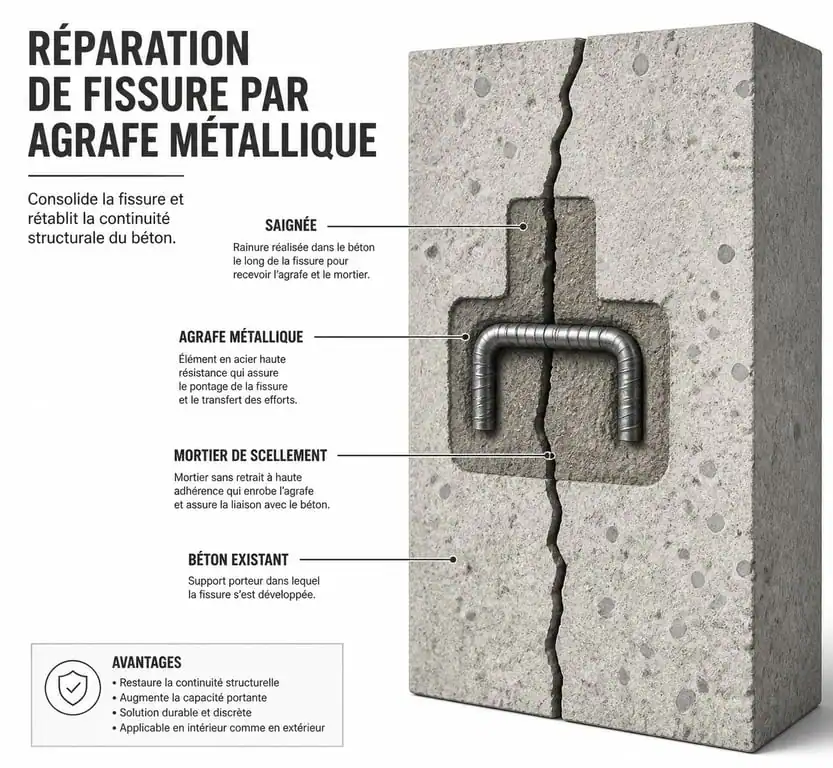 Schéma technique de pose d'une agrafe pour béton dans une fissure structurelle
