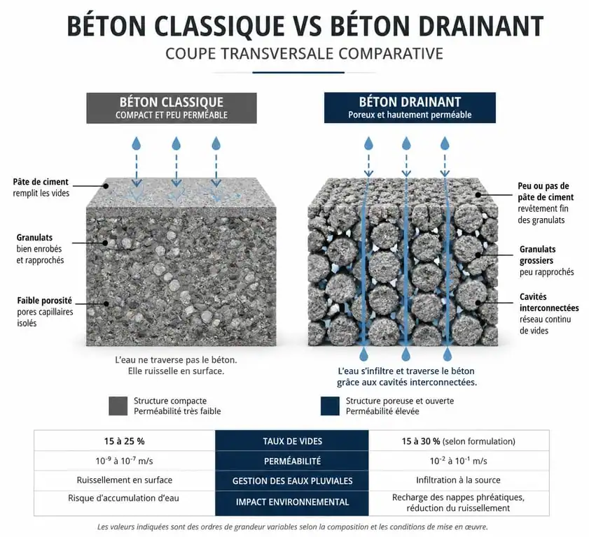 Schéma technique de la structure poreuse du béton drainant favorisant l'infiltration des eaux pluviales