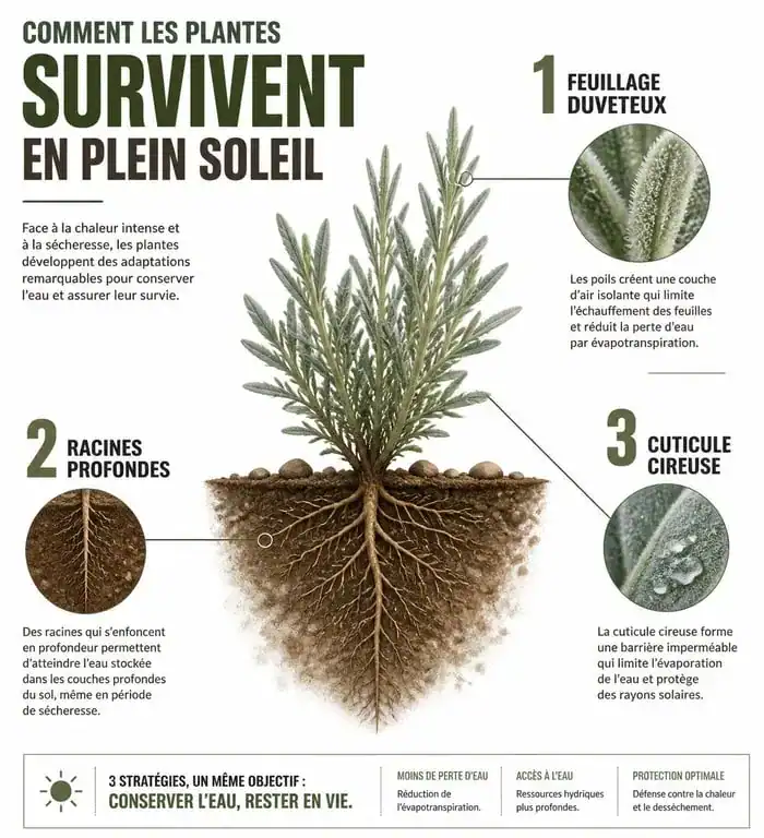 Infographie sur les stratégies de survie des plantes plein soleil sans arrosage