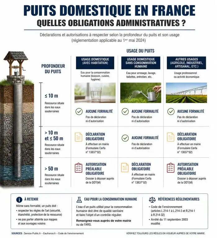 Infographie des obligations administratives pour l'achat d'une maison avec puits non déclaré