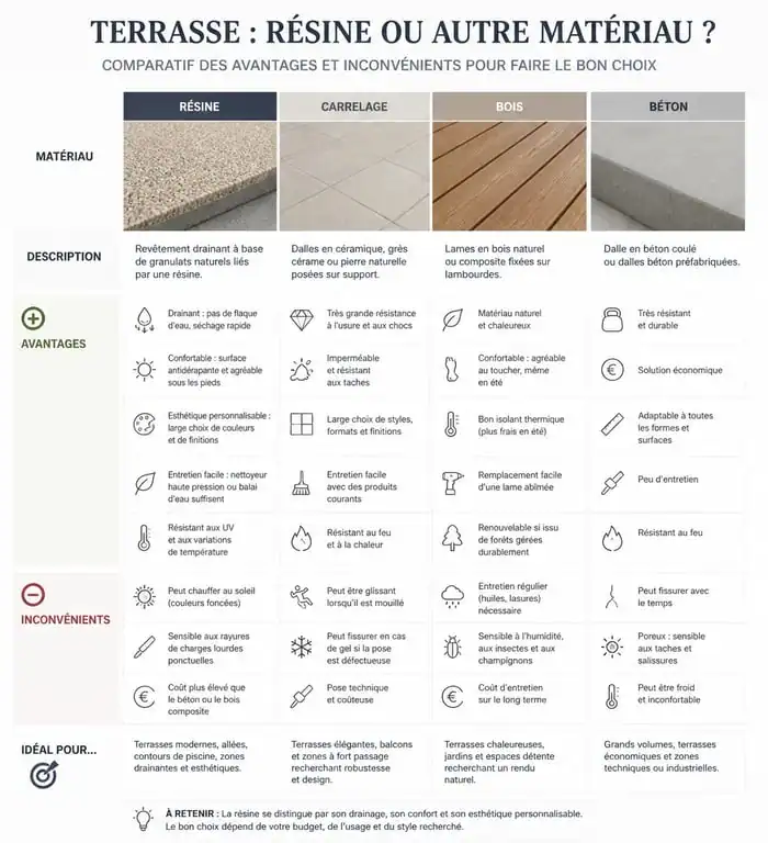 Tableau comparatif des avantages et inconvénients d'une terrasse en résine par rapport aux autres matériaux