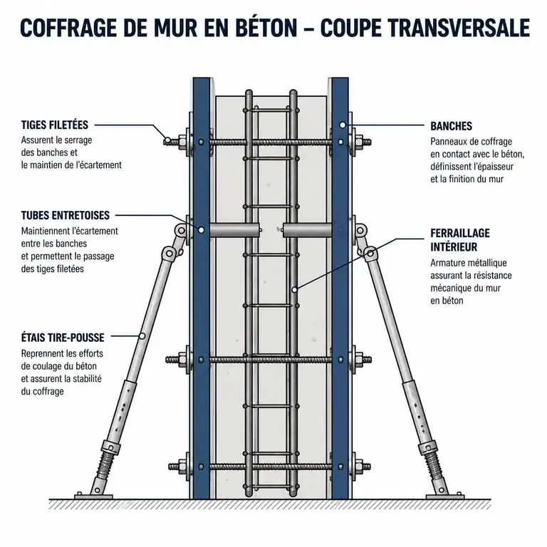 Schéma technique des composants d'un coffrage de mur en béton pour la construction