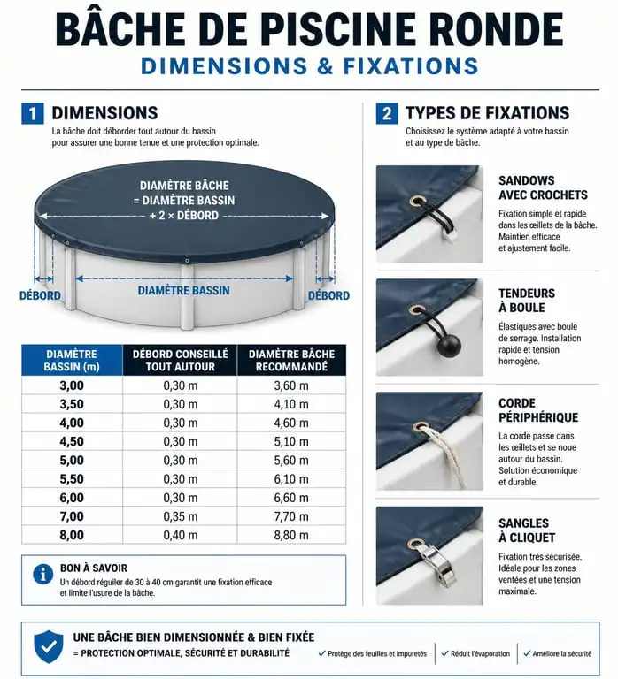 Schéma technique des dimensions et fixations pour une bâche piscine ronde adaptée