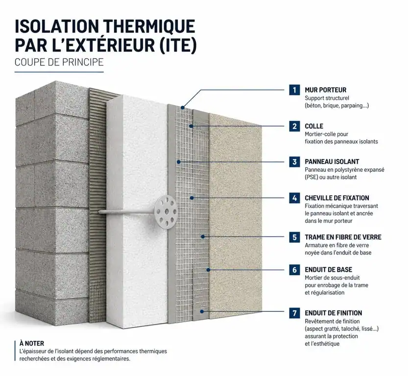 Schéma technique des couches d'une isolation thermique par l'extérieur (ITE) lors d'un ravalement de façade
