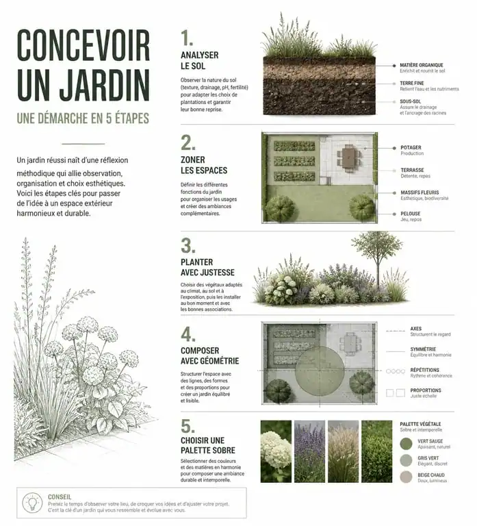 Étapes pour créer son jardin : analyse, zonage et plantation pour un aménagement réussi.