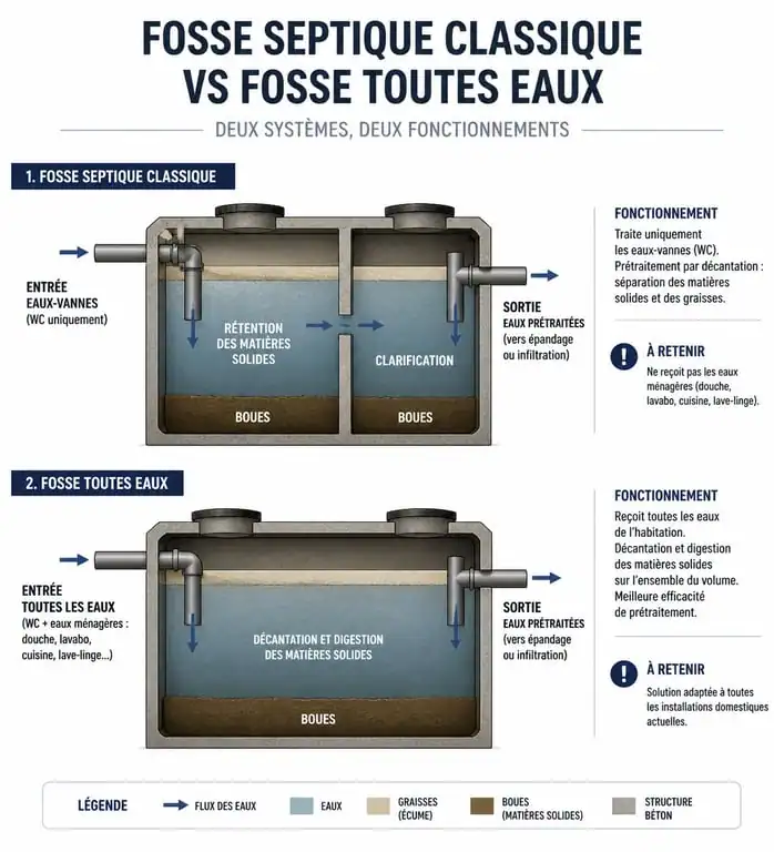 Schéma comparatif entre fosse septique et fosse toutes eaux pour la réglementation sur les fosses septiques