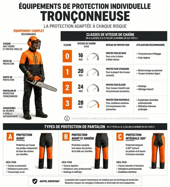 Infographie des classes de protection et types de pantalons anti-coupure pour tronçonneuse