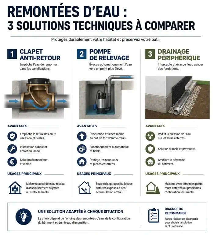 Comparatif des solutions techniques contre les remontées d'eau lors de fortes pluies : clapet anti-retour, pompe de relevage et drainage.