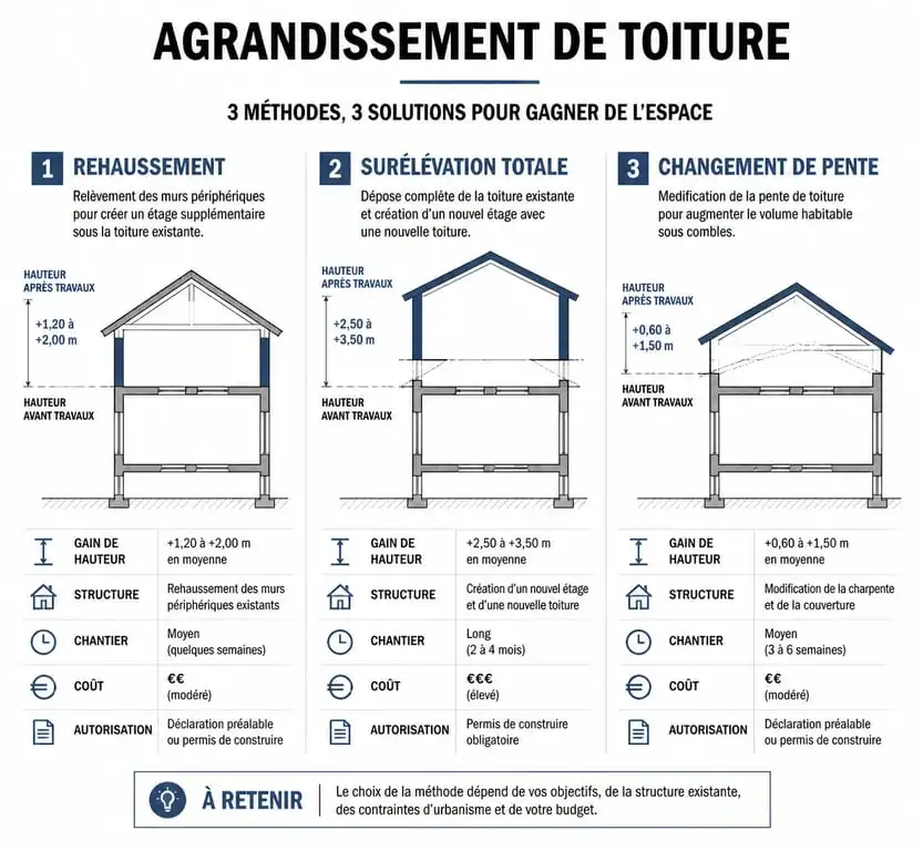Comparatif des techniques de rehaussement de toiture, surélévation et changement de pente pour gagner de l'espace habitable