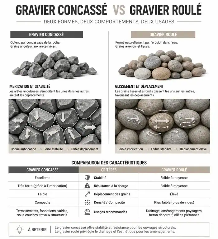 Comparatif visuel entre gravier concassé et gravier roulé pour une terrasse