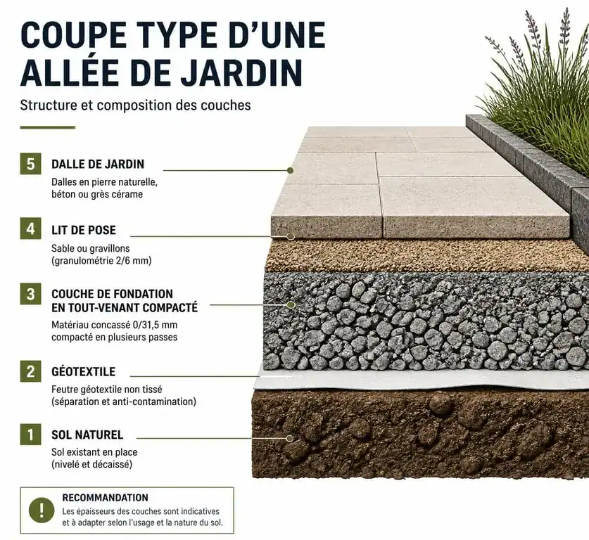 Schéma technique de pose d'une dalle d'allée de jardin