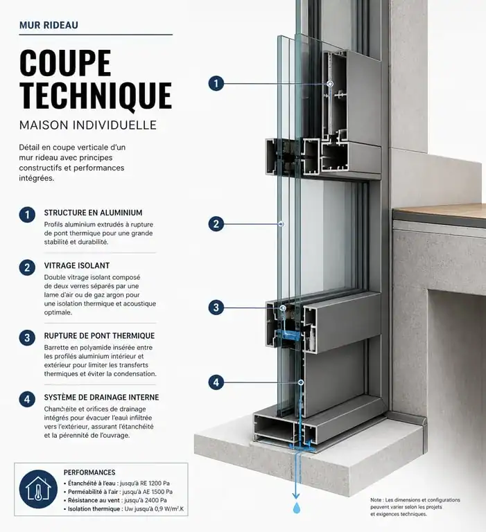 Schéma technique d'un mur rideau pour maison individuelle