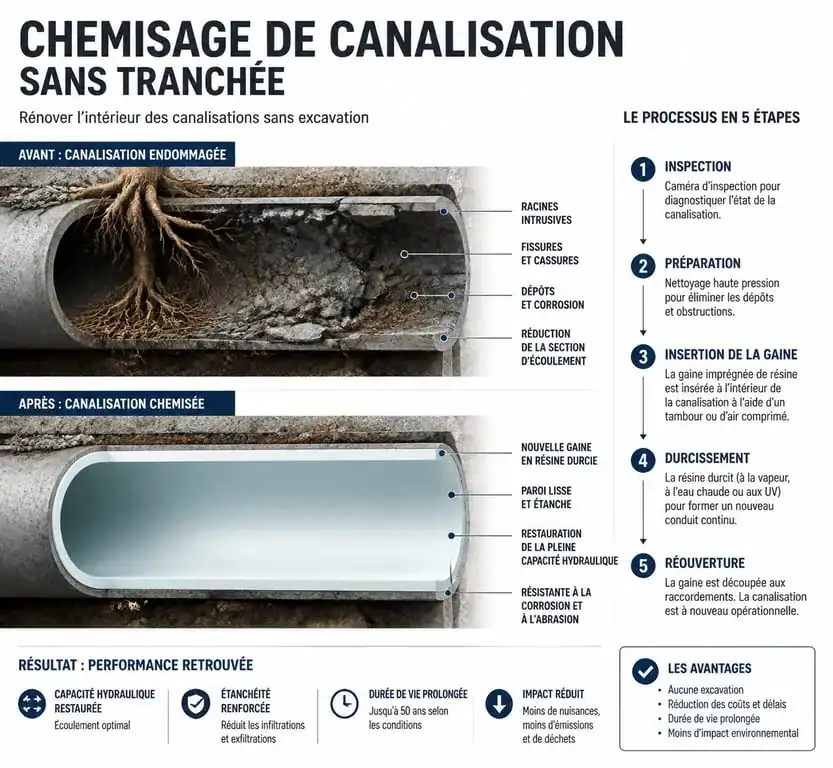 Schéma technique du processus de chemisage de canalisation sans tranchée