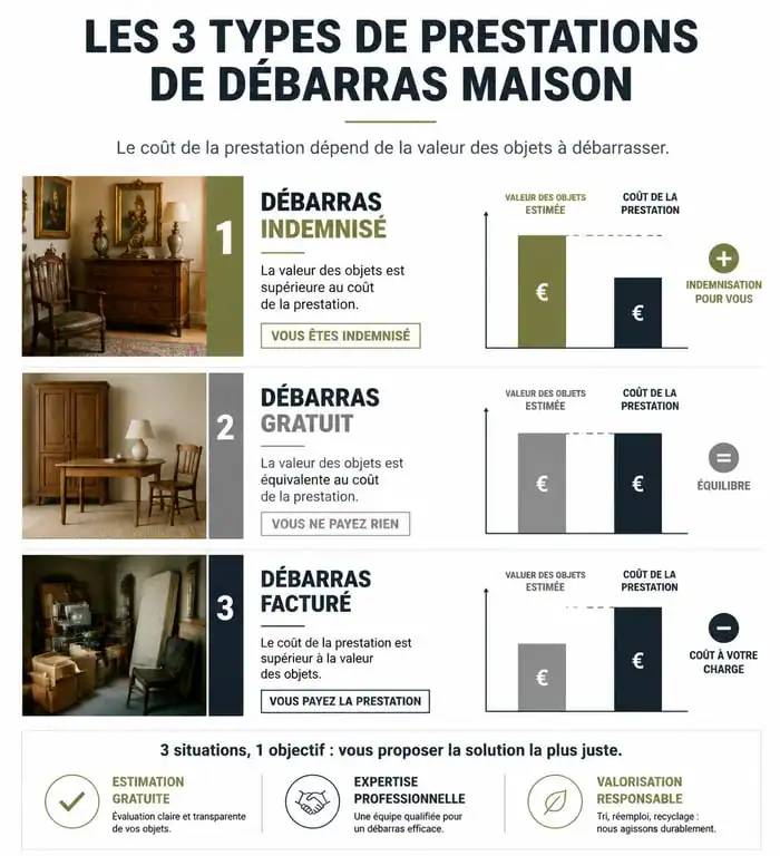 Infographie explicative des trois types de prestations de débarras maison : indemnisé, gratuit et facturé.